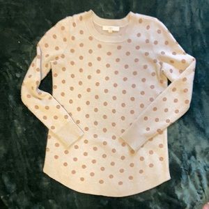 LOFT sweater, medium, tan/camel color with polka dots and ribbed details